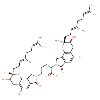 Chemical structure of (2S)-5-[(2S,3S)-2-(4,8-dimethylnona-3,7-dien-1-yl)-3,5-dihydroxy-2-methyl-7-oxo-2H,3H,4H,7H,8H,9H-pyrano[2,3-e]isoindol-8-yl]-2-[(2S,3S)-2-[(3E)-4,8-dimethylnona-3,7-dien-1-yl]-3,5-dihydroxy-2-methyl-7-oxo-2H,3H,4H,7H,8H,9H-pyrano[2,3-e]isoindol-8-yl]pentanoic acid - CSSB20963199345