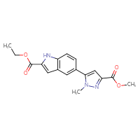 Chemical structure of ethyl 5-[3-(methoxycarbonyl)-1-methyl-1H-pyrazol-5-yl]-1H-indole-2-carboxylate - CSSB06592666120