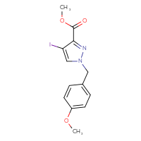 Chemical structure of methyl 4-iodo-1-[(4-methoxyphenyl)methyl]-1H-pyrazole-3-carboxylate - CSSB00016987552