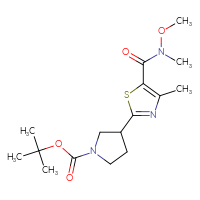 Chemical structure of tert-butyl 3-{5-[methoxy(methyl)carbamoyl]-4-methyl-1,3-thiazol-2-yl}pyrrolidine-1-carboxylate - CSSB01395049379