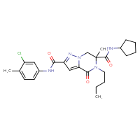 Chemical structure of 5-butyl-N2-(3-chloro-4-methylphenyl)-N6-cyclopentyl-6-methyl-4-oxo-4H,5H,6H,7H-pyrazolo[1,5-a]pyrazine-2,6-dicarboxamide - CSSB03437676139