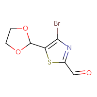 Chemical structure of 4-bromo-5-(1,3-dioxolan-2-yl)-1,3-thiazole-2-carbaldehyde - CSSB06744473364
