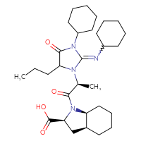 Chemical structure of (2S,3aS,7aS)-1-[(2S)-2-[3-cyclohexyl-2-(cyclohexylimino)-4-oxo-5-propylimidazolidin-1-yl]propanoyl]-octahydro-1H-indole-2-carboxylic acid - CSSB20963195552