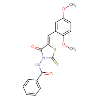 Chemical structure of N-[(5Z)-5-[(2,5-dimethoxyphenyl)methylidene]-4-oxo-2-sulfanylidene-1,3-thiazolidin-3-yl]benzamide - CSSB00132546371