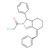 Chemical structure of 2-chloro-1-[3-phenyl-7-(phenylmethylidene)-3,3a,4,5,6,7-hexahydro-2H-indazol-2-yl]ethan-1-one - CSSB00015194101