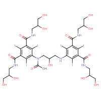 Chemical structure of 5-{[3-(N-{3,5-bis[(2,3-dihydroxypropyl)carbamoyl]-2,4,6-triiodophenyl}acetamido)-2-hydroxypropyl]amino}-N1,N3-bis(2,3-dihydroxypropyl)-2,4,6-triiodobenzene-1,3-dicarboxamide - CSSB02515443030