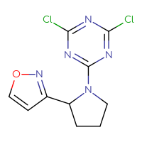 Chemical structure of 2,4-dichloro-6-[2-(1,2-oxazol-3-yl)pyrrolidin-1-yl]-1,3,5-triazine - CSSB06636750045