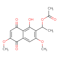 Chemical structure of 1-(1-hydroxy-3,6-dimethoxy-5,8-dioxo-5,8-dihydronaphthalen-2-yl)ethyl acetate - CSSB06256047128
