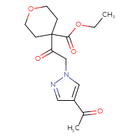 Chemical structure of ethyl 4-[2-(4-acetyl-1H-pyrazol-1-yl)acetyl]oxane-4-carboxylate - CSSB21332094582