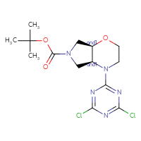 Chemical structure of rac-tert-butyl (4aR,7aS)-4-(4,6-dichloro-1,3,5-triazin-2-yl)-octahydropyrrolo[3,4-b][1,4]oxazine-6-carboxylate - CSSB21282193391