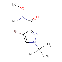 Chemical structure of 4-bromo-1-tert-butyl-N-methoxy-N-methyl-1H-pyrazole-3-carboxamide - CSSB01994944734