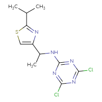 Chemical structure of 4,6-dichloro-N-{1-[2-(propan-2-yl)-1,3-thiazol-4-yl]ethyl}-1,3,5-triazin-2-amine - CSSB06440386550