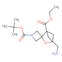 Chemical structure of 1-tert-butyl 1'-ethyl 4'-(aminomethyl)-3'-oxaspiro[azetidine-3,2'-bicyclo[2.1.1]hexane]-1,1'-dicarboxylate - CSSB00102955643