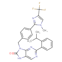 Chemical structure of 9-({4-[1-methyl-4-(trifluoromethyl)-1H-imidazol-2-yl]phenyl}methyl)-2-[2-(propan-2-yl)phenyl]-8,9-dihydro-7H-purin-8-one - CSSB14823689088