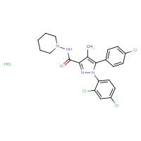 Chemical structure of 5-(4-chlorophenyl)-1-(2,4-dichlorophenyl)-4-methyl-N-(piperidin-1-yl)-1H-pyrazole-3-carboxamide hydrochloride - CSSB00016995029