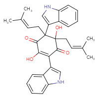 Chemical structure of 2,5-dihydroxy-3,6-bis(1H-indol-3-yl)-5,6-bis(3-methylbut-2-en-1-yl)cyclohex-2-ene-1,4-dione - CSSB06256047763