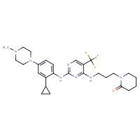 Chemical structure of 1-{3-[(2-{[2-cyclopropyl-4-(4-methylpiperazin-1-yl)phenyl]amino}-5-(trifluoromethyl)pyrimidin-4-yl)amino]propyl}piperidin-2-one - CSSB21176551823