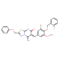 Chemical structure of (6Z)-6-({3-bromo-4-[(2-fluorophenyl)methoxy]-5-methoxyphenyl}methylidene)-5-imino-2-(phenoxymethyl)-5H,6H,7H-[1,3,4]thiadiazolo[3,2-a]pyrimidin-7-one - CSSB00132372668