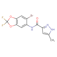 Chemical structure of N-(6-bromo-2,2-difluoro-2H-1,3-benzodioxol-5-yl)-5-methyl-1H-pyrazole-3-carboxamide - CSSB06501245761