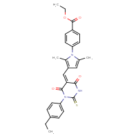 Chemical structure of ethyl 4-(3-{[(5E)-1-(4-ethylphenyl)-4,6-dioxo-2-sulfanylidene-1,3-diazinan-5-ylidene]methyl}-2,5-dimethyl-1H-pyrrol-1-yl)benzoate - CSSB00132548669