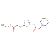 Chemical structure of ethyl 2-({5-[2-(thiomorpholin-4-yl)acetamido]-1,3,4-thiadiazol-2-yl}sulfanyl)acetate - CSSB00025736961