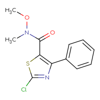 Chemical structure of 2-chloro-N-methoxy-N-methyl-4-phenyl-1,3-thiazole-5-carboxamide - CSSB21151593601