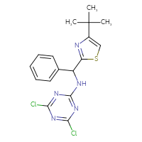 Chemical structure of N-[(4-tert-butyl-1,3-thiazol-2-yl)(phenyl)methyl]-4,6-dichloro-1,3,5-triazin-2-amine - CSSB21332083494