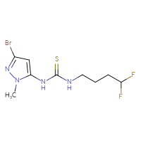 Chemical structure of 1-(3-bromo-1-methyl-1H-pyrazol-5-yl)-3-(4,4-difluorobutyl)thiourea - CSSB21432510599