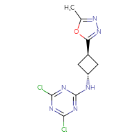 Chemical structure of 4,6-dichloro-N-[(1r,3r)-3-(5-methyl-1,3,4-oxadiazol-2-yl)cyclobutyl]-1,3,5-triazin-2-amine - CSSB20784378121