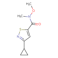 Chemical structure of 3-cyclopropyl-N-methoxy-N-methyl-1,2-thiazole-5-carboxamide - CSSB06258019980
