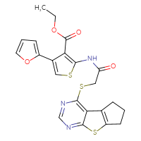 Chemical structure of ethyl 4-(furan-2-yl)-2-(2-{7-thia-9,11-diazatricyclo[6.4.0.0²,⁶]dodeca-1(12),2(6),8,10-tetraen-12-ylsulfanyl}acetamido)thiophene-3-carboxylate - CSSB00116246408