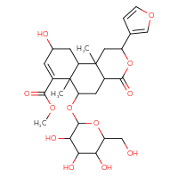 Chemical structure of methyl 2-(furan-3-yl)-9-hydroxy-6a,10b-dimethyl-4-oxo-6-{[3,4,5-trihydroxy-6-(hydroxymethyl)oxan-2-yl]oxy}-1H,2H,4H,4aH,5H,6H,6aH,9H,10H,10aH,10bH-naphtho[2,1-c]pyran-7-carboxylate - CSSB00121574587