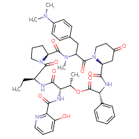 Chemical structure of N-[(6S,12S,15S,16S,19R,22S)-3-{[4-(dimethylamino)phenyl]methyl}-12-ethyl-4,16-dimethyl-2,5,11,14,18,21,24-heptaoxo-19-phenyl-17-oxa-1,4,10,13,20-pentaazatricyclo[20.4.0.0⁶,¹⁰]hexacosan-15-yl]-3-hydroxypyridine-2-carboxamide - CSSB02125553822