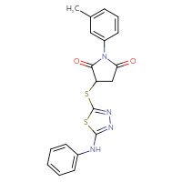 Chemical structure of 1-(3-methylphenyl)-3-{[5-(phenylamino)-1,3,4-thiadiazol-2-yl]sulfanyl}pyrrolidine-2,5-dione - CSSB00121689139