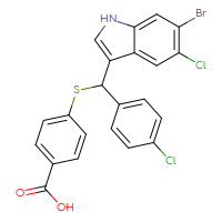 Chemical structure of 4-{[(6-bromo-5-chloro-1H-indol-3-yl)(4-chlorophenyl)methyl]sulfanyl}benzoic acid - CSSB14907598826