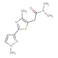 Chemical structure of N,N-dimethyl-2-[4-methyl-2-(1-methyl-1H-pyrazol-3-yl)-1,3-thiazol-5-yl]acetamide - CSSB02004836396
