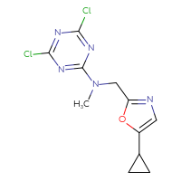 Chemical structure of 4,6-dichloro-N-[(5-cyclopropyl-1,3-oxazol-2-yl)methyl]-N-methyl-1,3,5-triazin-2-amine - CSSB14787171885