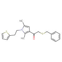 Chemical structure of 2-(benzylsulfanyl)-1-{2,5-dimethyl-1-[2-(thiophen-2-yl)ethyl]-1H-pyrrol-3-yl}ethan-1-one - CSSB21332090609