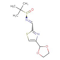 Chemical structure of (R)-N-{[4-(1,3-dioxolan-2-yl)-1,3-thiazol-2-yl]methylidene}-2-methylpropane-2-sulfinamide - CSSB21331814935