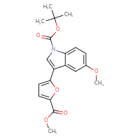 Chemical structure of tert-butyl 5-methoxy-3-[5-(methoxycarbonyl)furan-2-yl]-1H-indole-1-carboxylate - CSSB06592029856