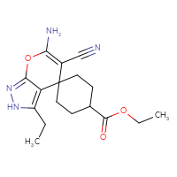 Chemical structure of ethyl 6'-amino-5'-cyano-3'-ethyl-2'H-spiro[cyclohexane-1,4'-pyrano[2,3-c]pyrazole]-4-carboxylate - CSSB20572399693