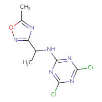 Chemical structure of 4,6-dichloro-N-[1-(5-methyl-1,2,4-oxadiazol-3-yl)ethyl]-1,3,5-triazin-2-amine - CSSB06702303561