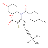 Chemical structure of 5-(3,3-dimethylbut-1-yn-1-yl)-3-[N-(4-hydroxycyclohexyl)-4-methylcyclohexaneamido]thiophene-2-carboxylic acid - CSSB00020669029