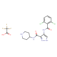 Chemical structure of 4-(2,6-dichlorobenzamido)-N-(piperidin-4-yl)-1H-pyrazole-3-carboxamide; trifluoroacetic acid - CSSB00102527197