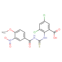 Chemical structure of 3,5-dichloro-2-({[(4-methoxy-3-nitrophenyl)formamido]methanethioyl}amino)benzoic acid - CSSB00102600092