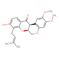 Chemical structure of (6aS,12aS)-9-hydroxy-2,3-dimethoxy-8-(3-methylbut-2-en-1-yl)-6,6a,12,12a-tetrahydro-5,7-dioxatetraphen-12-one - CSSB20621213204