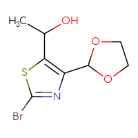 Chemical structure of 1-[2-bromo-4-(1,3-dioxolan-2-yl)-1,3-thiazol-5-yl]ethan-1-ol - CSSB21246486142