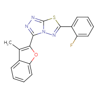 Chemical structure of 6-(2-fluorophenyl)-3-(3-methyl-1-benzofuran-2-yl)-[1,2,4]triazolo[3,4-b][1,3,4]thiadiazole - CSSB00121595703