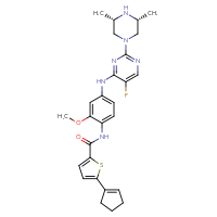 Chemical structure of 5-(cyclopent-1-en-1-yl)-N-[4-({2-[(3R,5S)-3,5-dimethylpiperazin-1-yl]-5-fluoropyrimidin-4-yl}amino)-2-methoxyphenyl]thiophene-2-carboxamide - CSSB06623406916