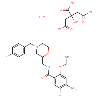 Chemical structure of 2-hydroxypropane-1,2,3-tricarboxylic acid 4-amino-5-chloro-2-ethoxy-N-({4-[(4-fluorophenyl)methyl]morpholin-2-yl}methyl)benzamide hydrate - CSSB06256080208